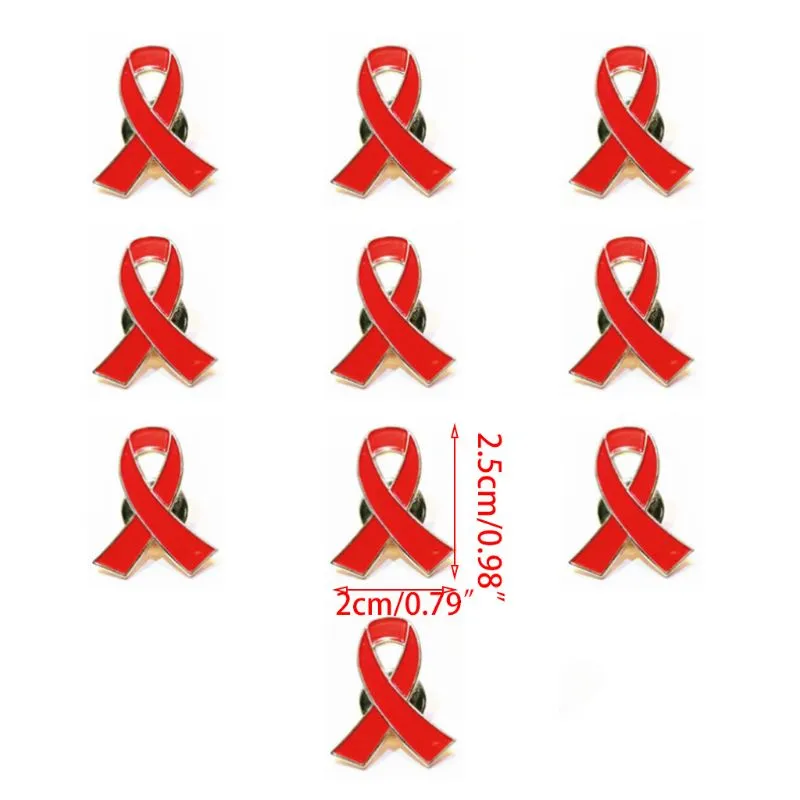 10pcs/lot HIV Jewelry Enamel red Ribbon Brooch Pins Surviving Breast Cancer Awareness Hope Lapel Buttons Badges