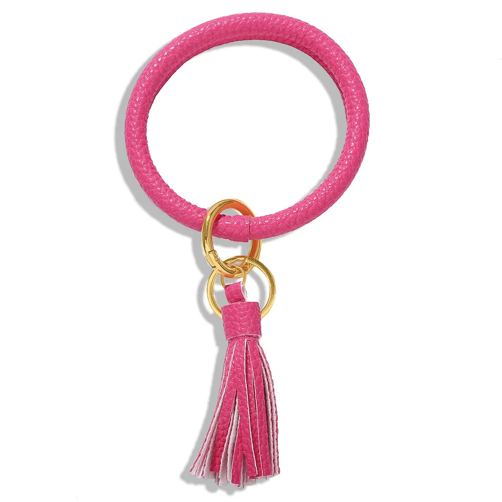 Designer Leather Tassel Key Ring Charm Magenta Bangles Bracelet For Women Wholesale Fashion