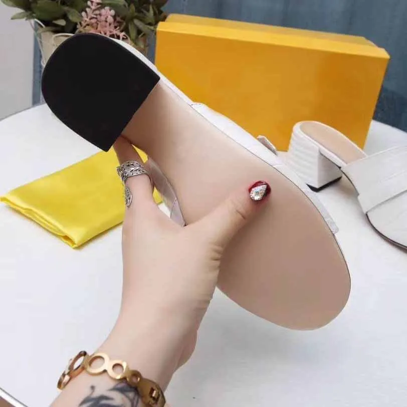 Summer new fashion high heel slippers designer thick heel wedge nude sandals high quality metal buckle check square heel sandals large size