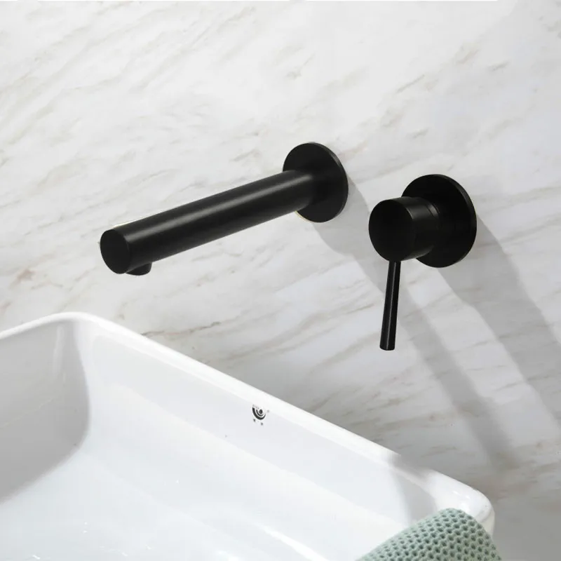 100% Solid Brass Matt Black Bathroom Basin Faucet Simple Round Styles Single Handle Wall Mounted Bathroom Water Mixer Tap