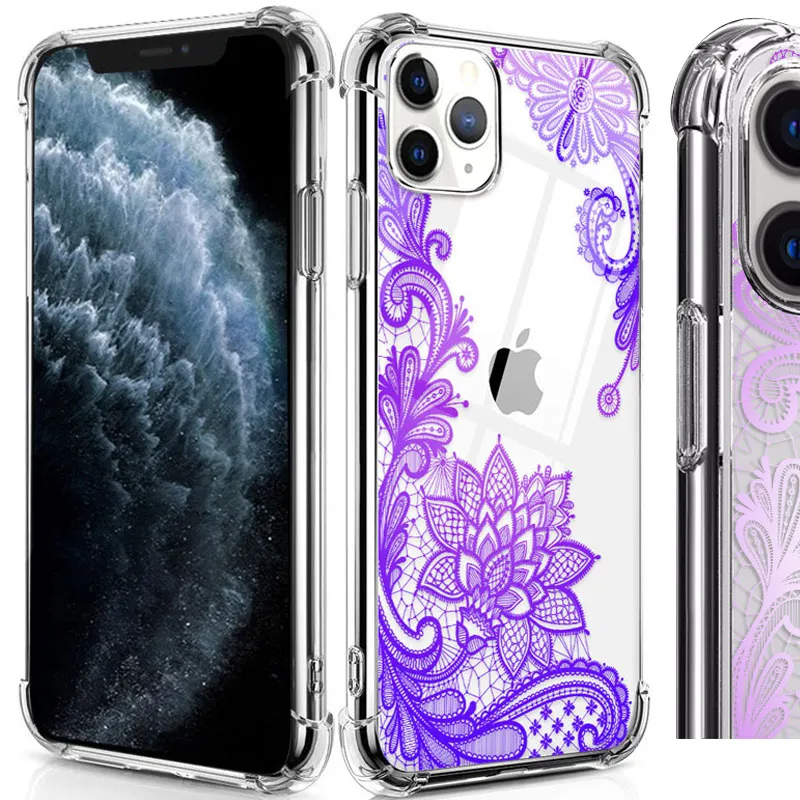 For iphone 11 Case Hard PC+ TPU Bumper Protective Case for Apple iPhone 11 6.1 Inch Crystal Lace Design White Purple Green