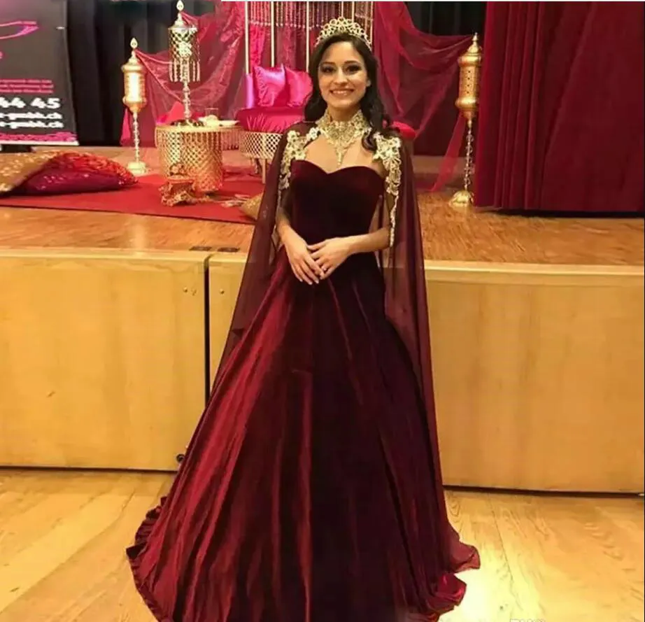 Burgundy Velvet Ball Gown Evening Dress with Cape High Neck Zipper Back  Sweep Train from Dhgate Evening Dresses - price 83.02