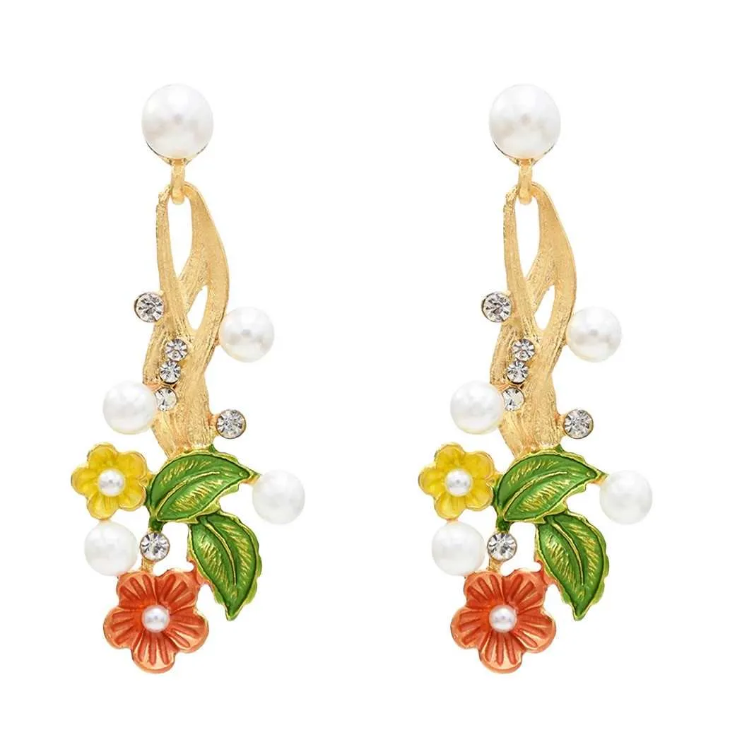 Pendientes colgantes de gota en forma de flor de 4 colores con pendientes de tuerca de diamantes de imitación de perlas de imitación para niñas y mujeres regalos