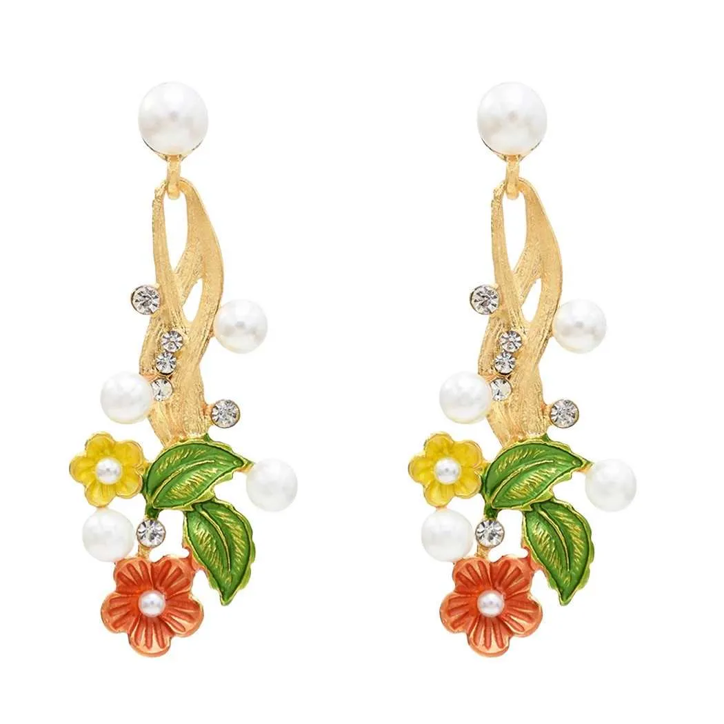 4 cor da queda em forma de flor Dangle brincos com brincos de pérolas de pérolas de imitaton para meninas presentes de mulheres