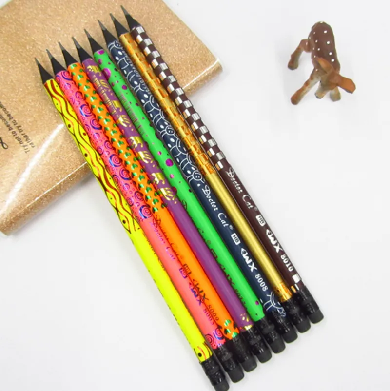 Crayons HB peints au crayon en bois noir avec gommes pour fournitures d'écriture de bureau scolaire