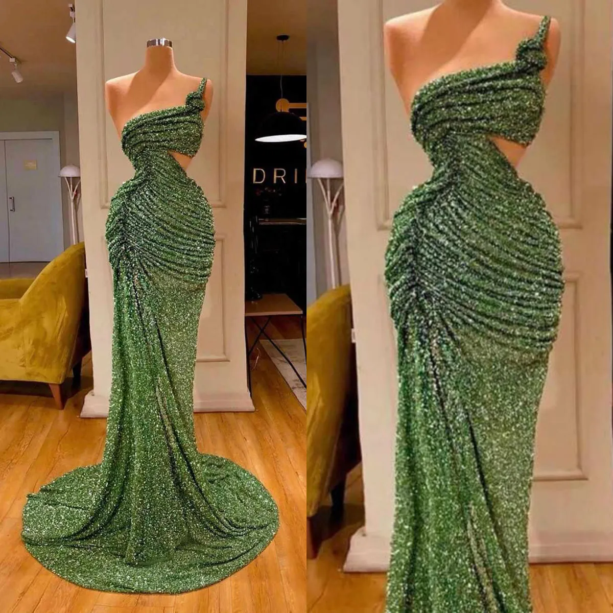 2020 Glitter Mermaid Evening Dresses Sequins Lace One Shoulder Sweep Train Formal Party Gowns Custom Made Long Prom Dress