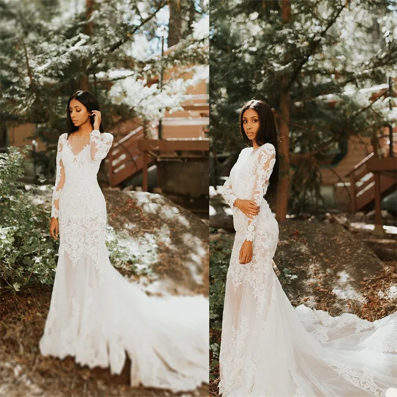 2020 Boho Meerjungfrau Brautkleider Juwel Langarm Voll applizierte Spitze Brautkleid Elegant Gericht Zug Strand Vestidos De Novia Günstig