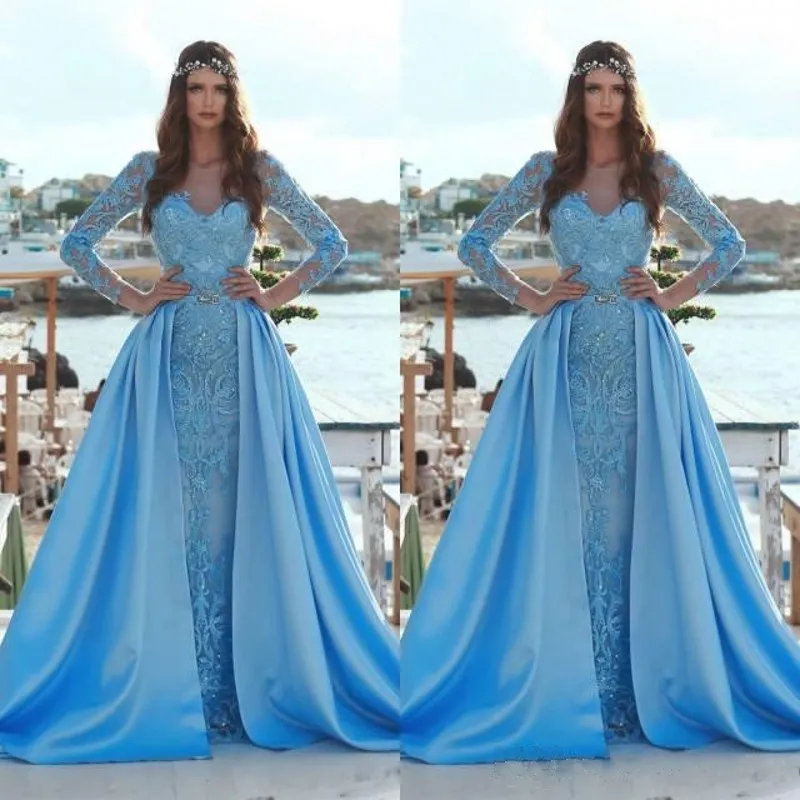 2019 Fairy Mermaid Evening Dresses with Detachable Train Sheer Neck Crystal Beaded Lace Long Sleeves Sky Blue Engagement Dress Formal Gowns