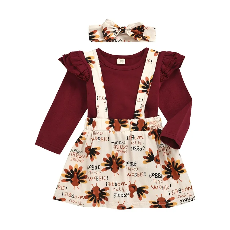 Thanksgiving Baby Outfits Girls Flying Sleeve Top + Turkiet Skriv ut Suspender Kjolar + Huvudband 2st / set Mode Kids Kläder Satser M2232