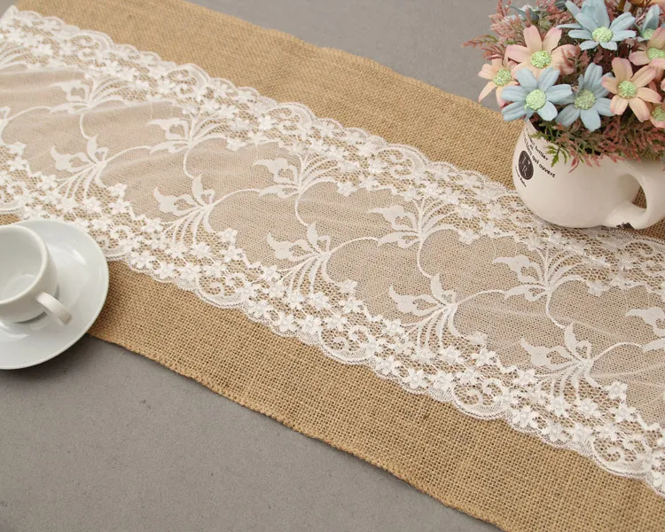 Rústico Serapilheira Lace Table Runner Natural Juta Hessian Corredores Da Tabela Do Partido Decoração De Casamento Toalha De Mesa De Jantar Para Cozinha Decoração Da Sua Casa