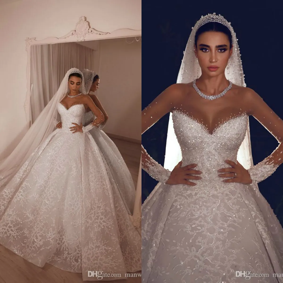 Ballo Abiti da sposa da principessa Maniche lunghe con perline Collo trasparente Abiti da sposa Strascico di corte Abito con applicazioni di pizzo Mariage