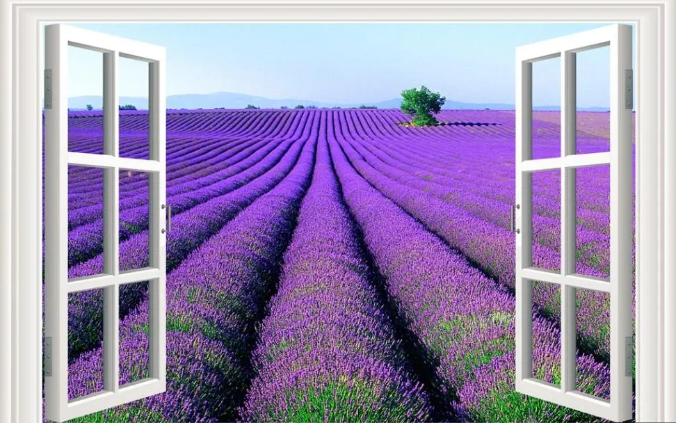 3d väggmålningar tapet för vardagsrum fönster lila lavendel blommor 3d bakgrundsbilder TV bakgrund