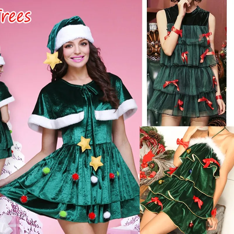 Costume d'arbre de Noël pour femmes adultes, ensemble de chapeaux et cape, mini robe trapèze superposée avec bordure pelucheuse blanche et boules d'étoiles, tenue de Cosplay