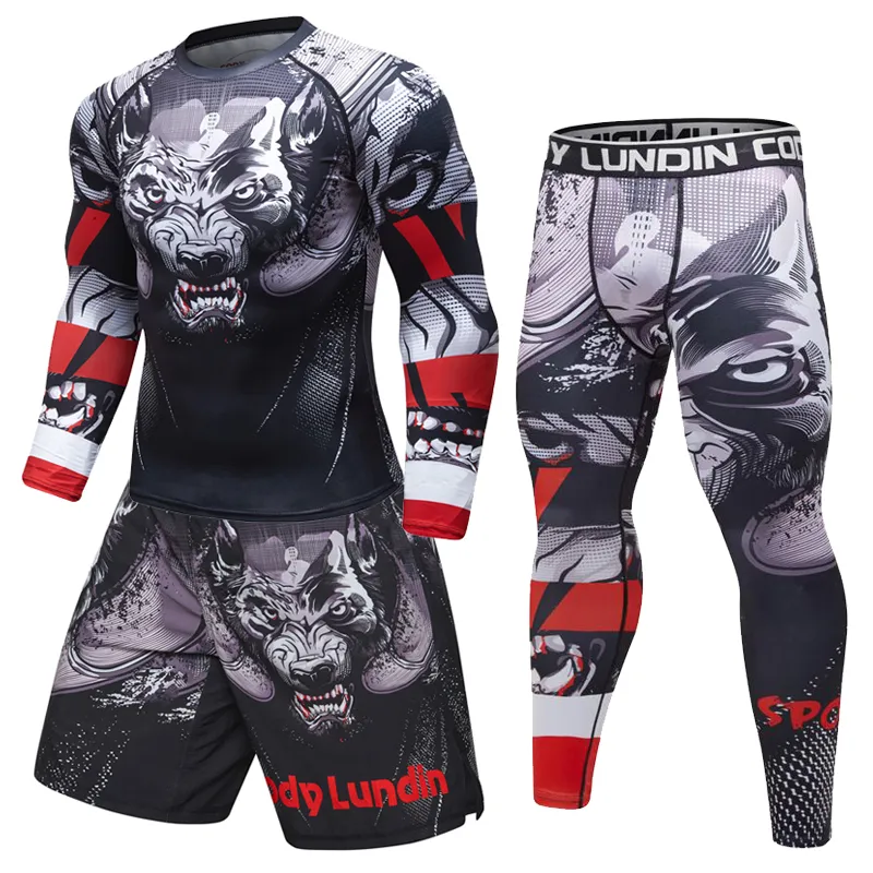 Marka Yeni erkek Eşofman 3D Baskılar Sıkı Cilt Sıkıştırma Spor Takım Elbise Erkekler MMA Rashguard Vücut Geliştirme Üst Fitness Spor Seti