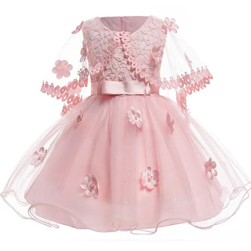 الوردي قصيرة زهرة الفتيات الفساتين مع يلتف 3D يزين فساتين فتاة صغيرة لحضور حفل زفاف تول منتفخ الاطفال بالتواصل اللباس