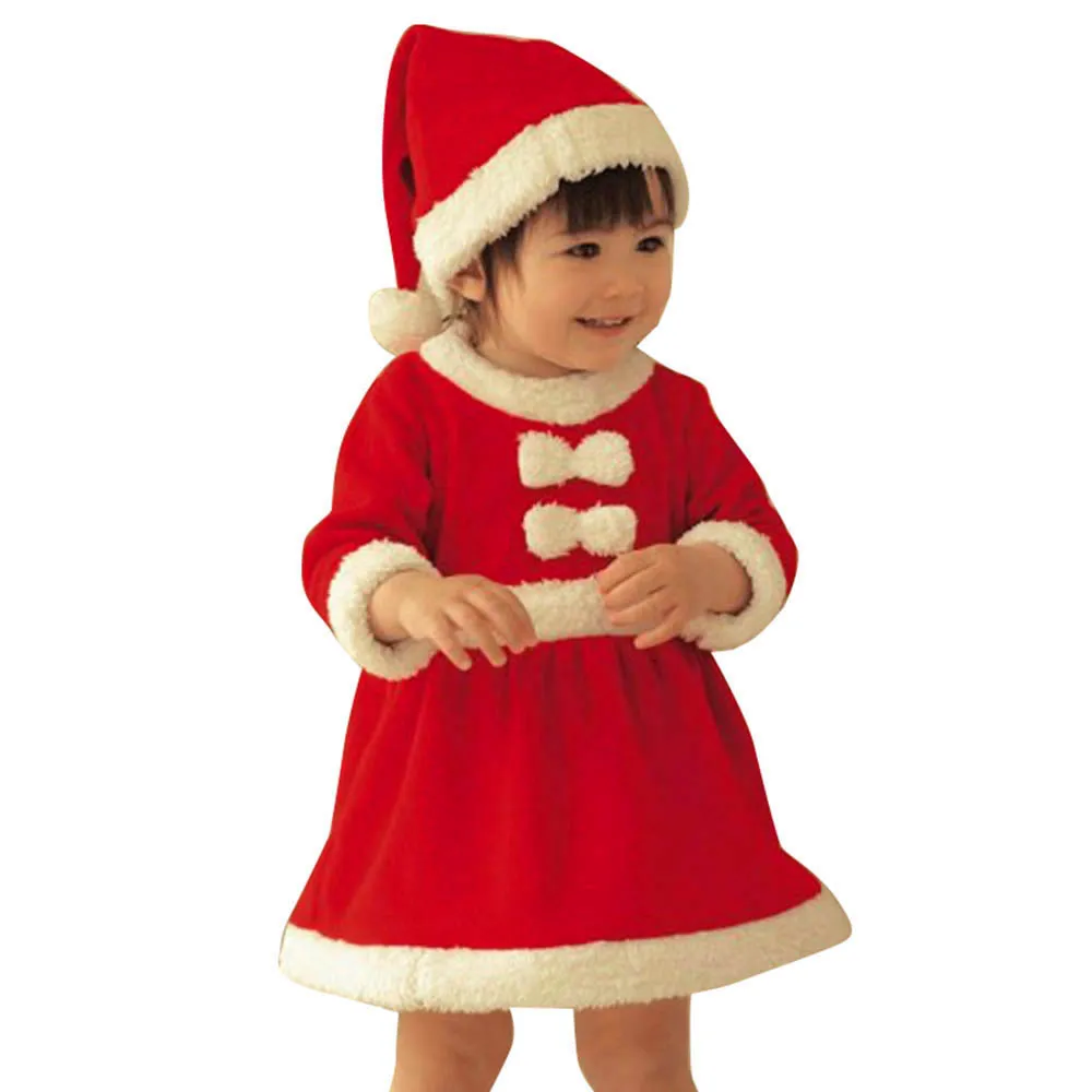 Kleinkind Kinder Baby Mädchen Schleife Weihnachten Kleidung Kostüm Party Kleider und Hut Outfit Baumwolle gemischt rotes Kleid Set Geschenke für Kinder