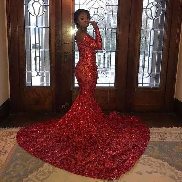 2024 Black Girls New Sexy Arabic Mermaid Prom Dresses Red paljetter Spets Långa ärmar Sökade backless Party Dress Evening Gowns Vestidos 403