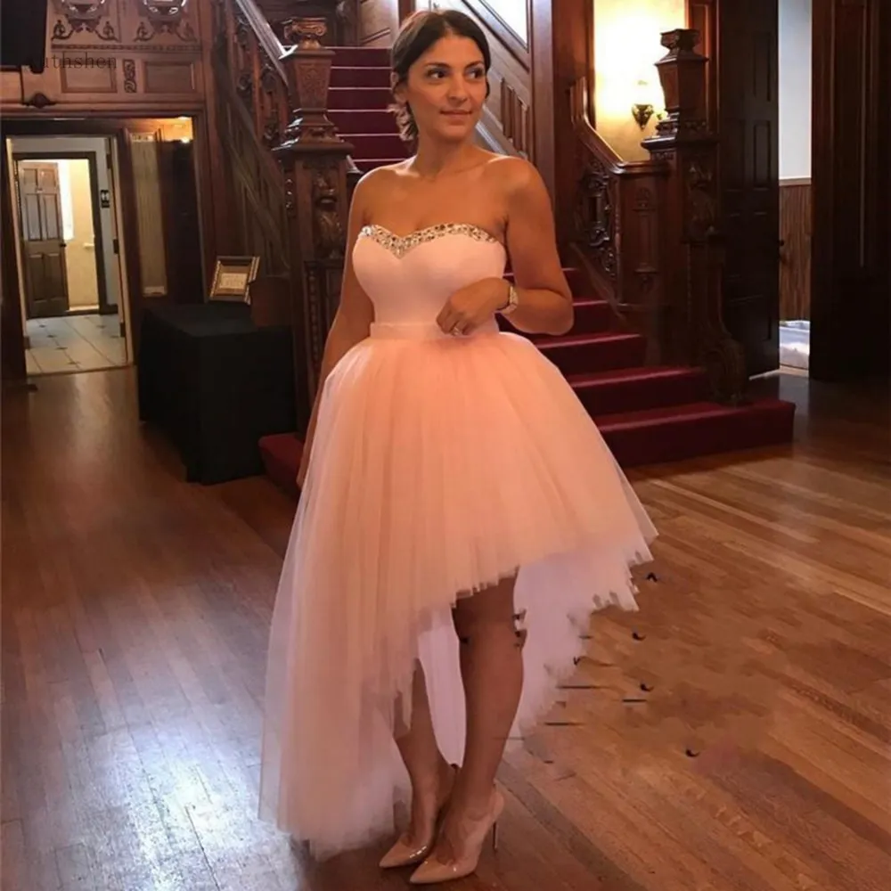 Blush Pink High Low Prom Dresses Sweetheart tulle Perline Paillettes Abito da cocktail party con lacci Tulle Abiti da ritorno a casa economici su misura