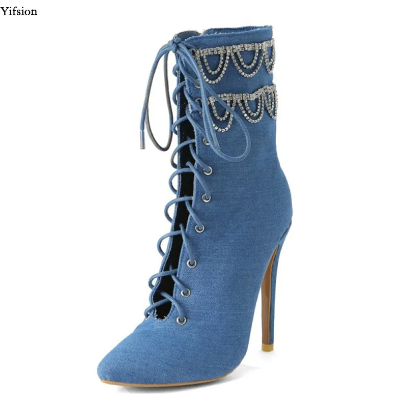 Rontic Women Denim Ankel Boots Crystal Cross Bundet Stiletto Högklackat Stövlar Pekade Toe Blue Office Shoes Women Plus Size 4-15