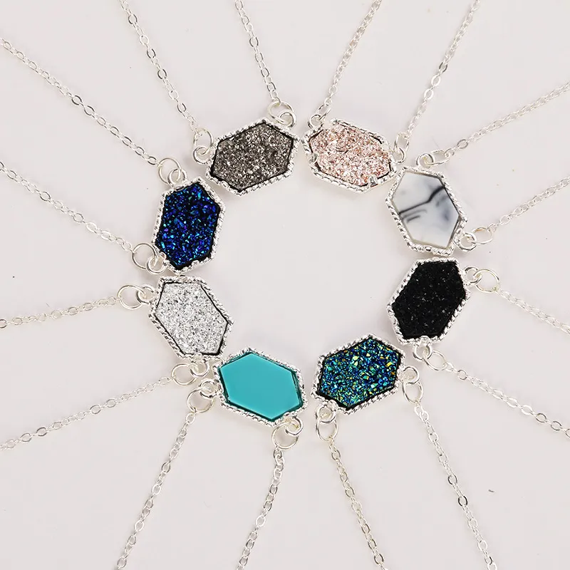 Plated Silver Resin Alloy Clavicle Chain Color Clustered Turquoise Diamond Pendant Necklace Druzy Drusy Geometric Earrings