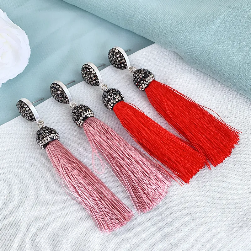 13 Colors Long Tassel Earrings Bohemian Vintage Black Red Pink White Blue Silk Crystal stud Earrings For Women Jewelry