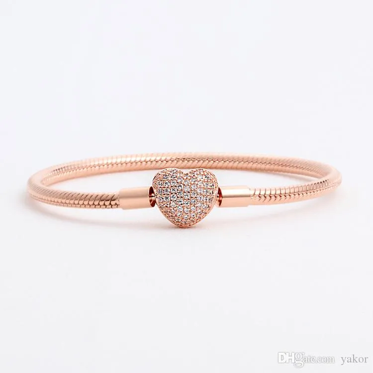 Braccialetti a catena a mano in oro rosa 18 carati con diamanti CZ di lusso Set scatola originale per Pandora Bracciale cuore da sposa in argento 925 da donna234F