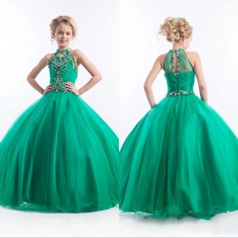 Emerald Green Girls Pageant Dresses Halter High Neck Sleeveless Tulle p￤rlor Crystals Kids Flower Girl Toddler Birthday Cupcake Gowns