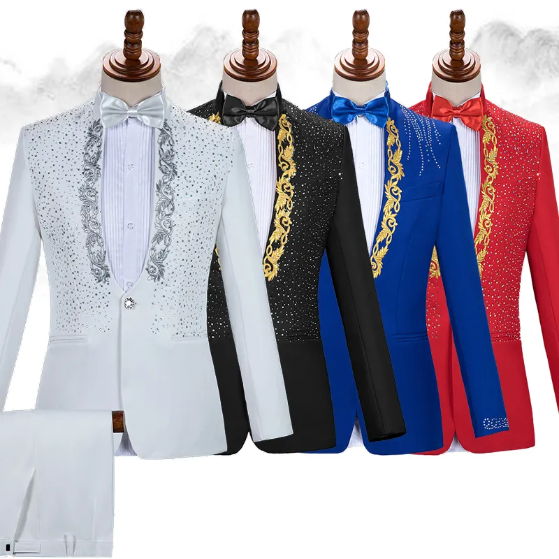 Men White Blue Crystal Embroidery Dress Suit Wedding Groom Tuxedo Pants Suits Chorus Singer Host Concert Stage Blazer Trousers Outfits Banquet Party 2 Piece Set