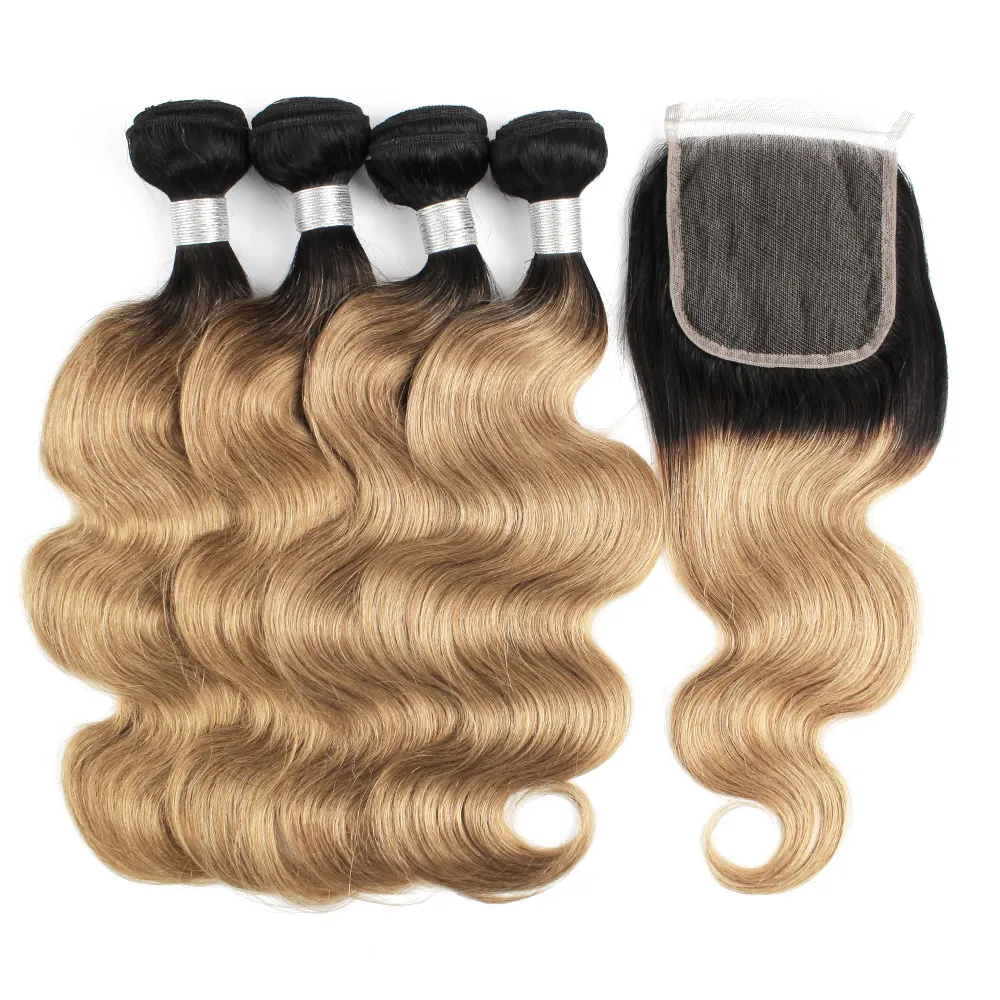 1B 27 Ombre mel loira pacotes de cabelo loiro com fechamento extensões de cabelo de onda de corpo indiano 4 pacotes com 4x4 encerramento de laço remy cabelo humano