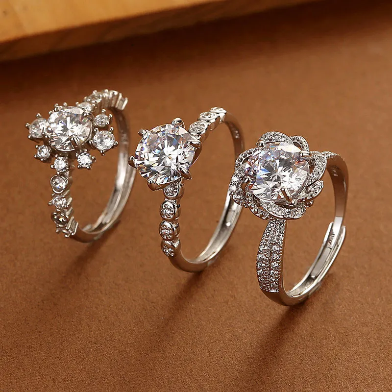 Classic Six-claw Diamond Rings Silver Plated Couple Women Marry Wedding Sets Engagement Jewelry Lovers for Women Bridal Bijoux