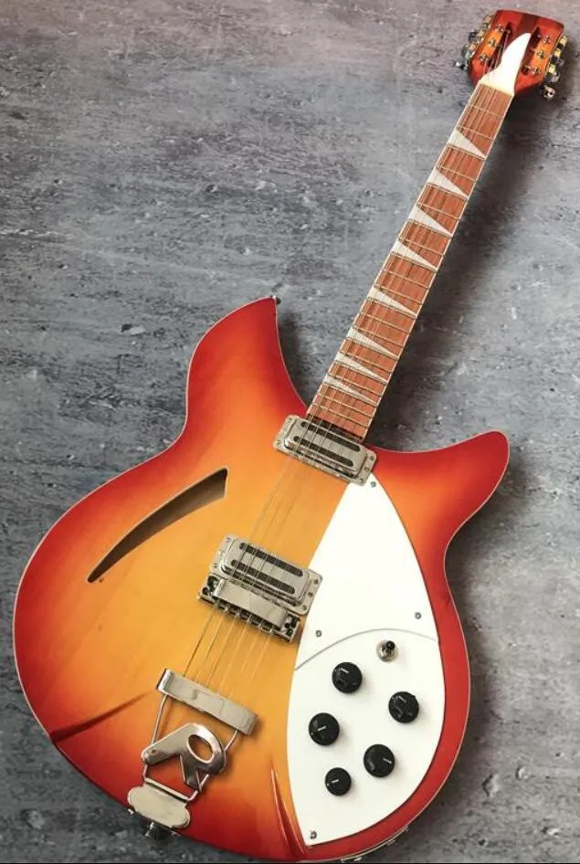 Custom Fire Glo Cherry Sunburst 330 12-saitige E-Gitarre, halbhohler Korpus, glänzend lackiertes Griffbrett, zwei Ausgänge, Vintage-Mechaniken