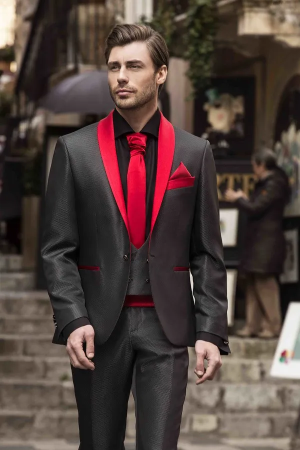 Smoking dello sposo più nuovo con un bottone Scialle rosso Risvolto Abiti da uomo slim fit Abiti da cerimonia per feste formali Custom Made (giacca + gilet + pantaloni)