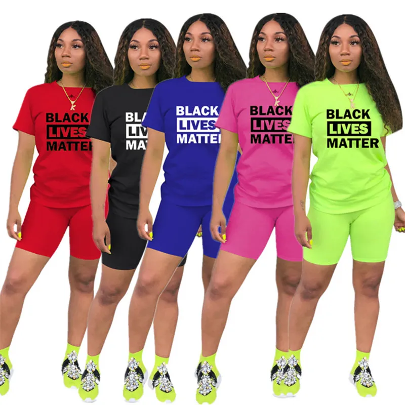 Moda Mujer Pantalones cortos Chándal Black Lives Matter Carta Conjunto de dos piezas Camiseta de manga corta Camiseta + Pantalones cortos Trajes Traje deportivo de verano S-3X