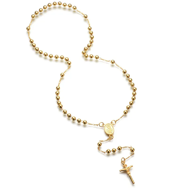 18K Gold Fashion Cross Rosary Pendant Necklace Jesus Beads Cross Hip Hop Necklace