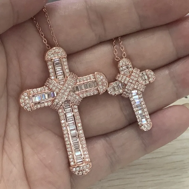 Choucong Unique Luxury Smycken 925 Sterling SilverRose Gold Fill Full Princess Cut Vit Topaz CZ Diamond Cross Pendant Clavicle Halsband