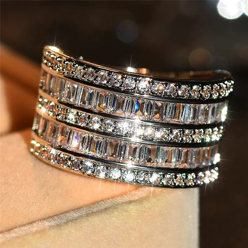 Wholesale- Wieck Luxury Jewelry 925 Sterling Silver Princess Cut White Topaz CZ Diamond Eternity Women Wedding Engagement Band Ring Gift