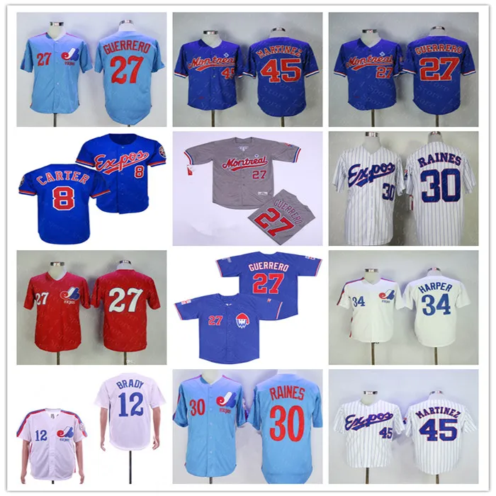 Maillots de baseball Expos de Montréal Maillot rétro Tom Brady Vladimir Guerrero Pedro Martinez Tim Raines Gary Carter Andre Dawson Larry Walker Chemise cousue DeShields