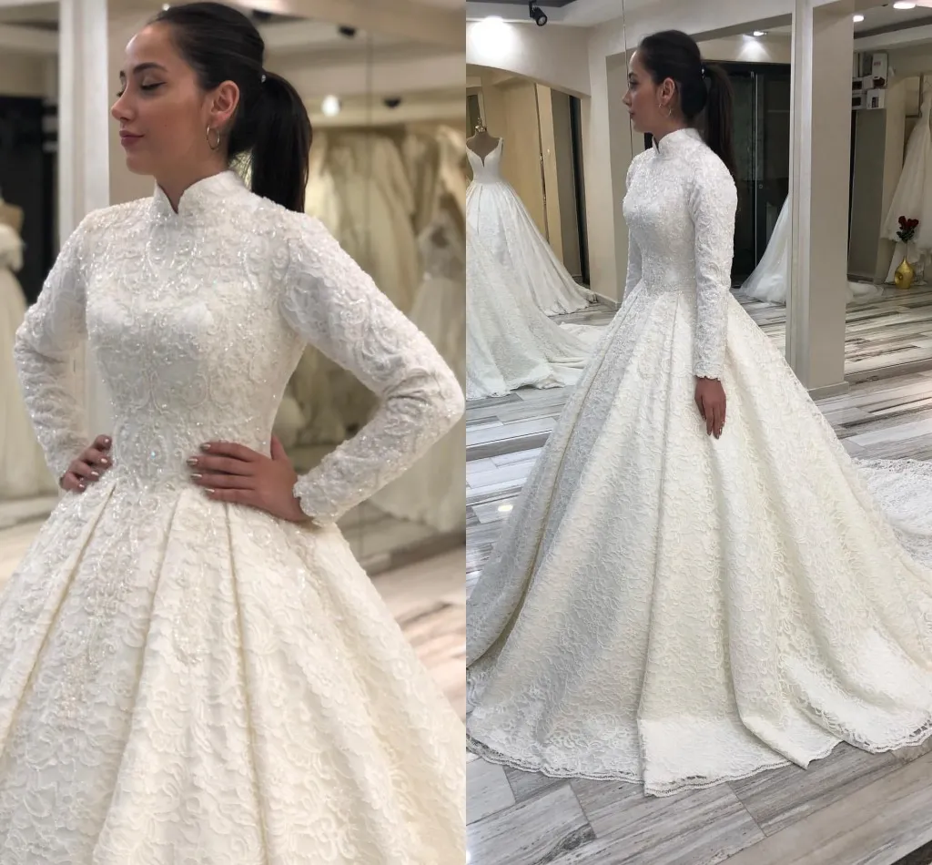 Muzułmański z długim rękawem arabski suknie ślubne Wspaniałe koronki Koronki 2020 Suknie ślubne Sweep Pociąg High Collar Vestidos De Novia Plus Size Al4474