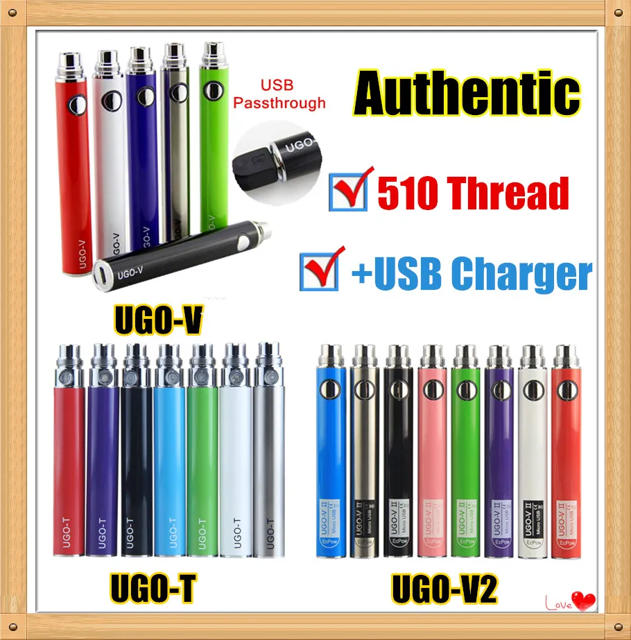 MOQ 2Pcs Authentic UGO V 510 Vape Battery EVOD eGo T 650 900 1100 mAh Vaporizer Pen With Micro USB Charger Fit Cartridges