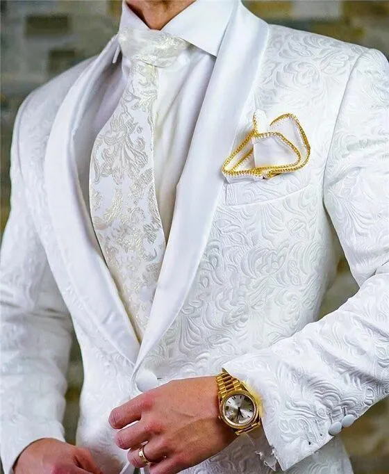 Najnowsze Projekt Side Vent White Paisley Szal Kapel Wedding Groom Tuxedos Men Party Garnitury Płaszcz Spodnie Zestawy (Kurtka + Spodnie + Krawat) K 82