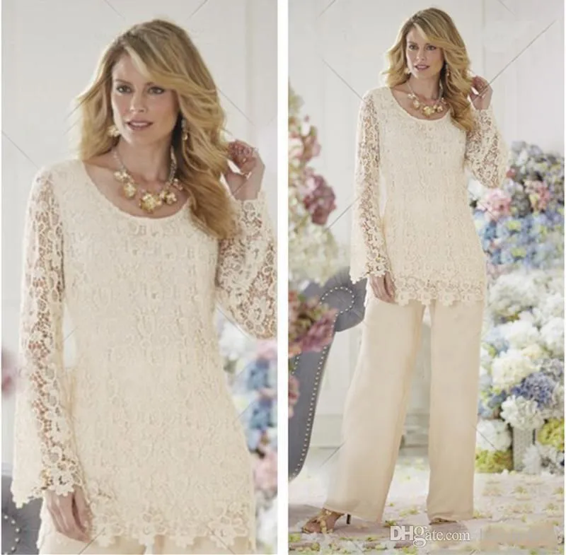 2019 New Arrival Matka Off Bride Suknie Pant Garnitury Jewel Neck Lace Illusion Długie Rękawy Szyfon Plus Size Gościnne Suknie Wieczorowe