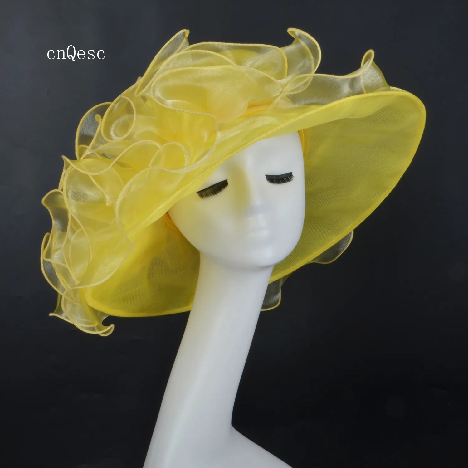 2019 Amarelo Largo aba Organza Hat chapéu Net Chapéu de vestido Formal para Kentucky derby raças do casamento da igreja festa