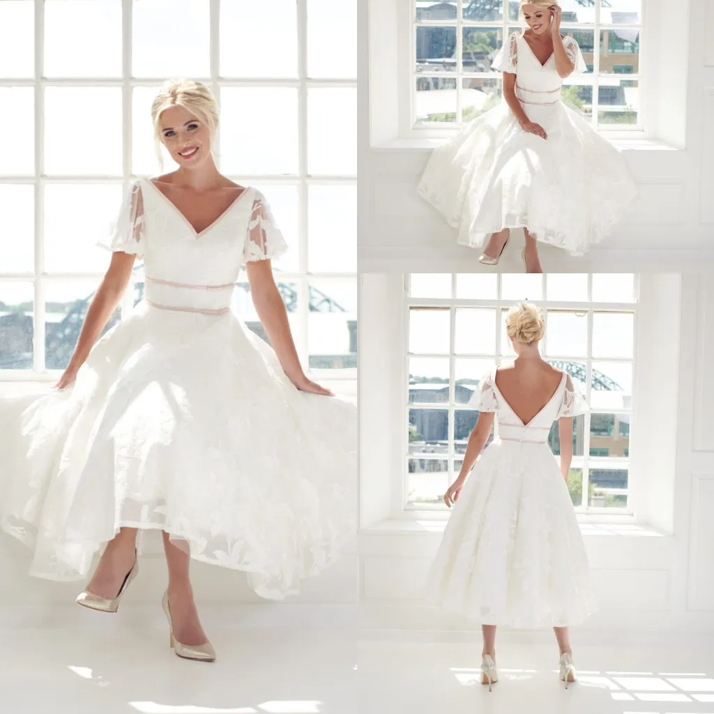 Elegant A Line Tea Length Wedding Dresses: V Neck, Short Sleeve