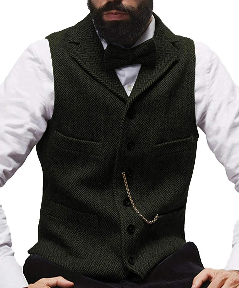 Gilet Uomo Slim Fit In Tweed Di Lana A Spina Di Pesce – Scollo A V, Per Matrimoni E Cerimonie