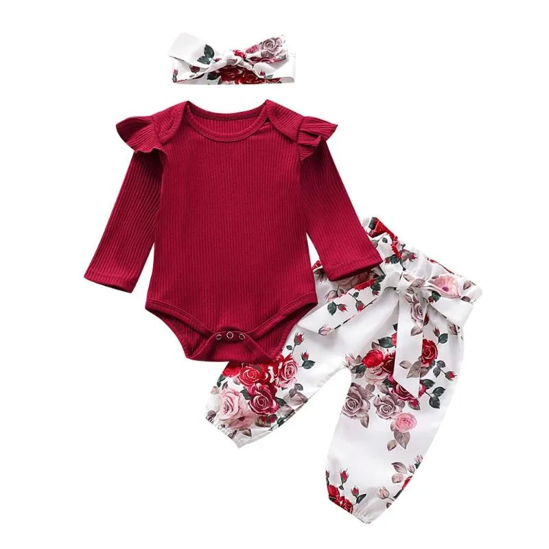 2020 new baby girl Solid Color Tops Clothing Newborn Kids Baby Girls Outfits Clothes Romper Bodysuit+Flower Printed Pants Set