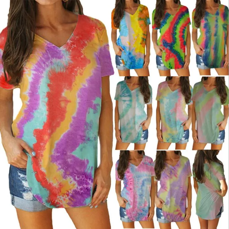 T- Shirts Female Tie Dye Casual Clothes Summer V Neck Print Costume Women Short Sleeve Shirt Top Blouse Plus Size Tops T-shirts LSK623