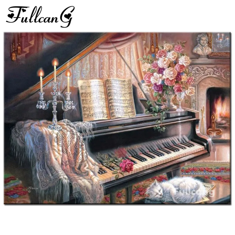 Fullcang Piano Família Completo Quadrado Needlework Diamante Bordado DIY 5D Diamante Pintura Ponto Cross Stitch Mosaic Decorative F239