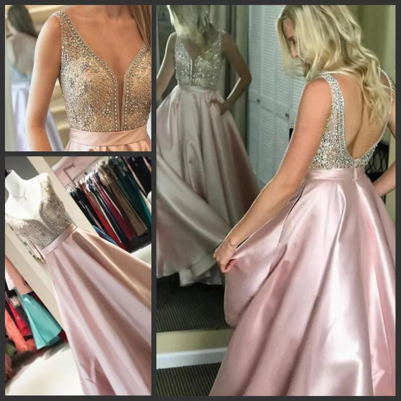 Rosa A Line Prom Klänningar Sexig V Neck Charmig Elegant Kvinnor Cocktail Party Gowns Satin Backless Floor Längd Skräddarsydda Kvällsklänningar