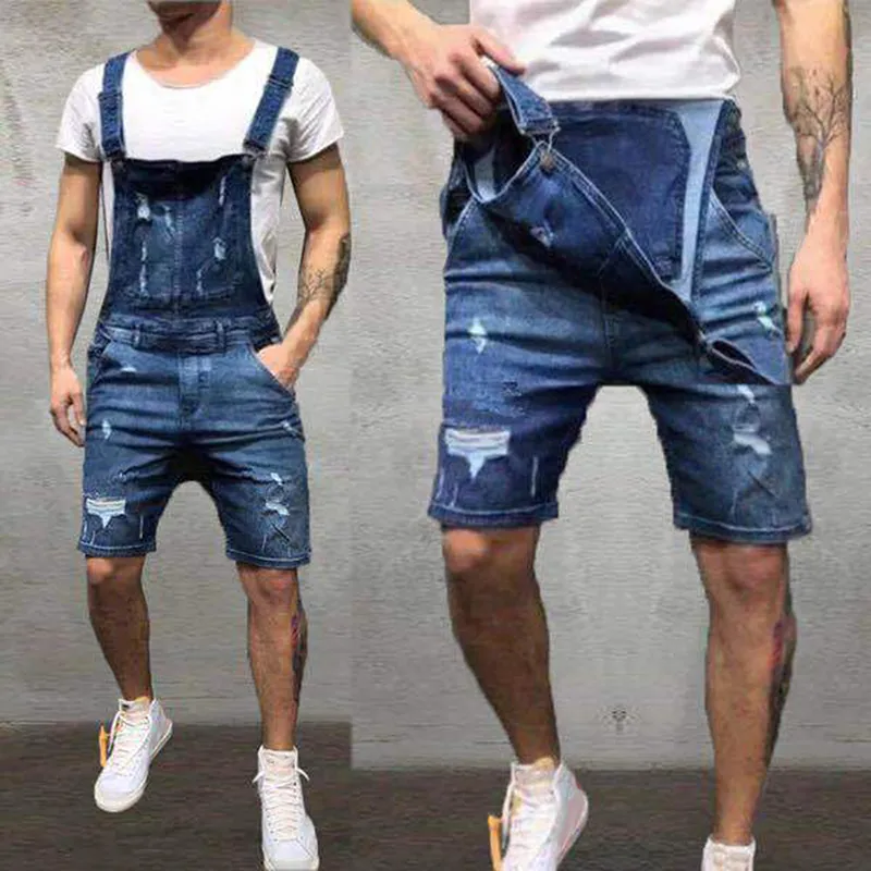 Moda-marca homens rasgados jeans jumpsuits shorts 2019 verão moda oi rua angustiado denim bib macacão para homem suspender calças