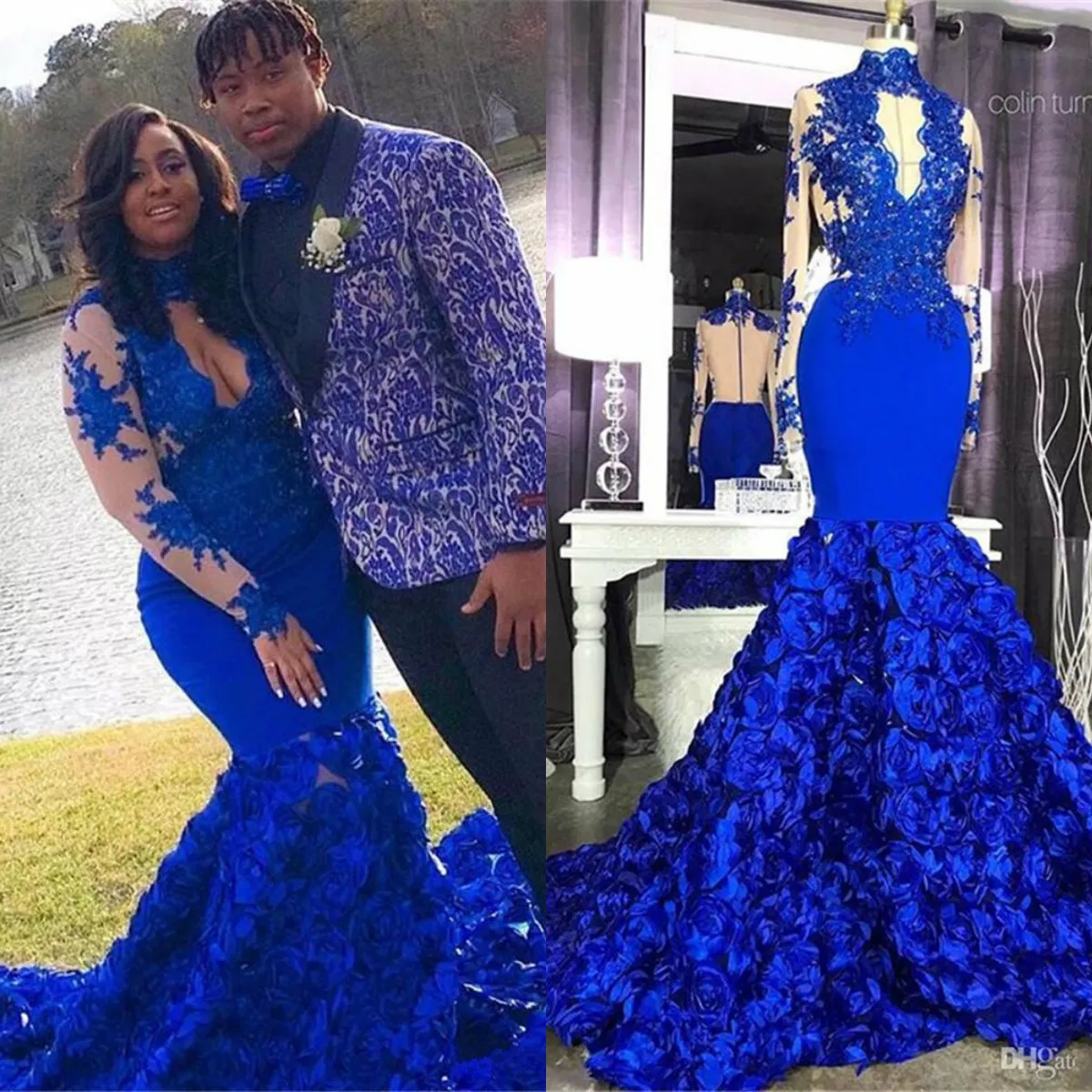 Stunning Dresses 3D Rose Flower Royal Blue High Neck Long Sleeve Applique Mermaid Prom Evening Gowns Special Ocn Dress